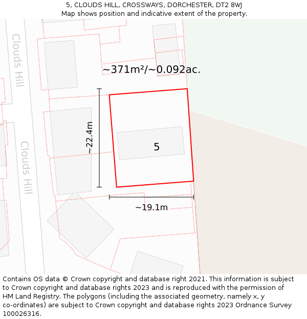 5, CLOUDS HILL, CROSSWAYS, DORCHESTER, DT2 8WJ: Plot and title map