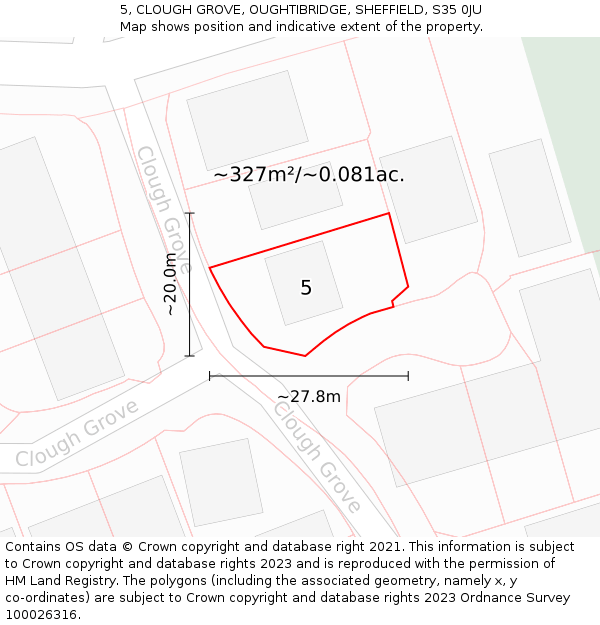 5, CLOUGH GROVE, OUGHTIBRIDGE, SHEFFIELD, S35 0JU: Plot and title map