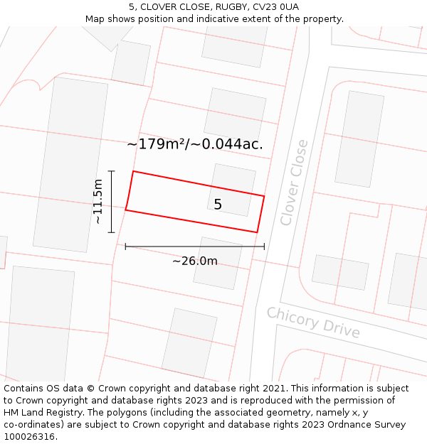 5, CLOVER CLOSE, RUGBY, CV23 0UA: Plot and title map