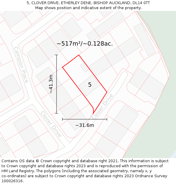 5, CLOVER DRIVE, ETHERLEY DENE, BISHOP AUCKLAND, DL14 0TT: Plot and title map