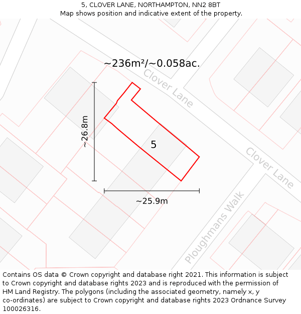 5, CLOVER LANE, NORTHAMPTON, NN2 8BT: Plot and title map