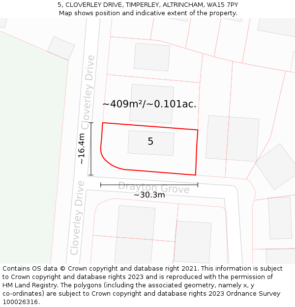5, CLOVERLEY DRIVE, TIMPERLEY, ALTRINCHAM, WA15 7PY: Plot and title map