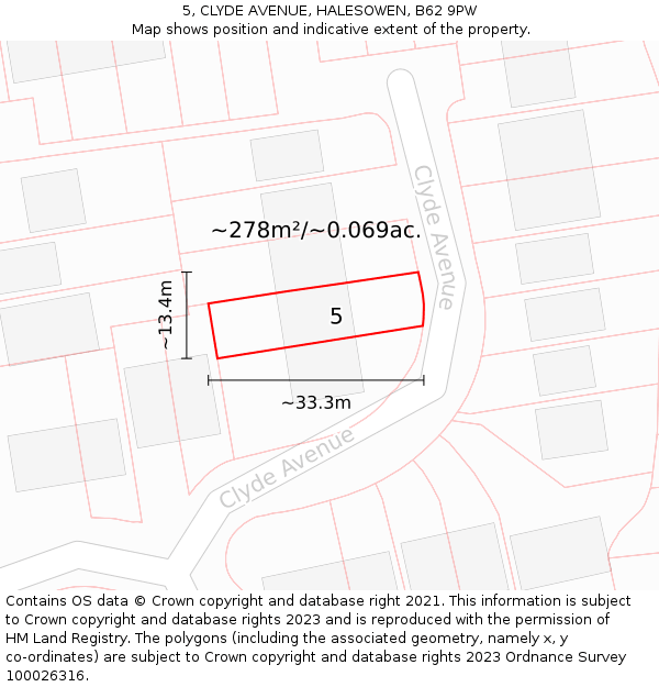 5, CLYDE AVENUE, HALESOWEN, B62 9PW: Plot and title map