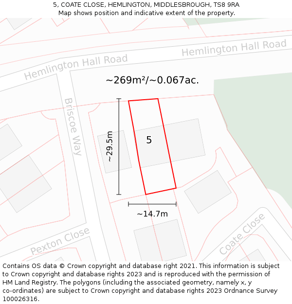 5, COATE CLOSE, HEMLINGTON, MIDDLESBROUGH, TS8 9RA: Plot and title map