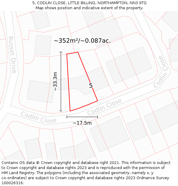 5, CODLIN CLOSE, LITTLE BILLING, NORTHAMPTON, NN3 9TG: Plot and title map