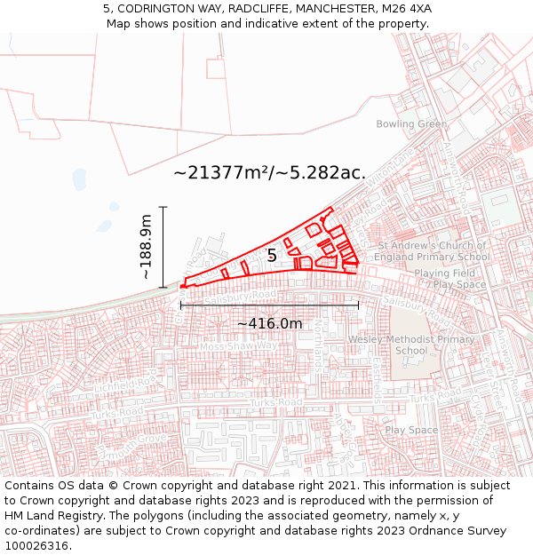 5, CODRINGTON WAY, RADCLIFFE, MANCHESTER, M26 4XA: Plot and title map