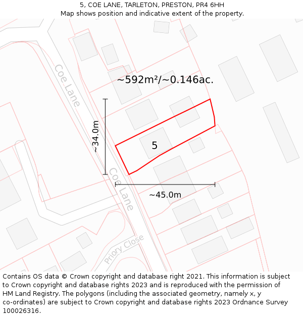 5, COE LANE, TARLETON, PRESTON, PR4 6HH: Plot and title map