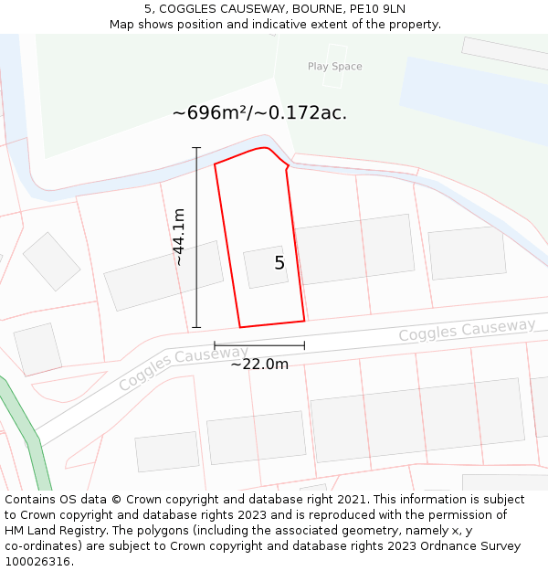 5, COGGLES CAUSEWAY, BOURNE, PE10 9LN: Plot and title map