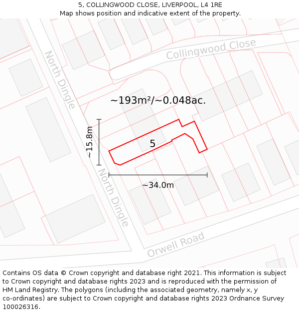 5, COLLINGWOOD CLOSE, LIVERPOOL, L4 1RE: Plot and title map