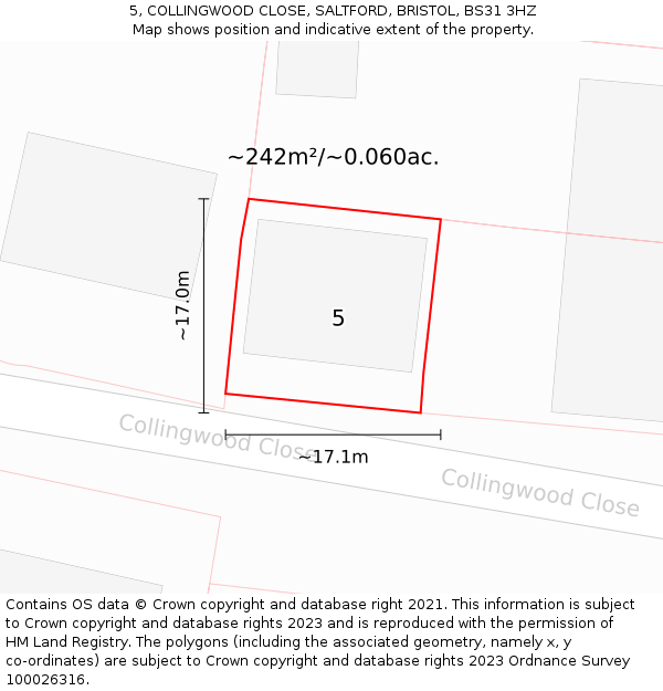 5, COLLINGWOOD CLOSE, SALTFORD, BRISTOL, BS31 3HZ: Plot and title map