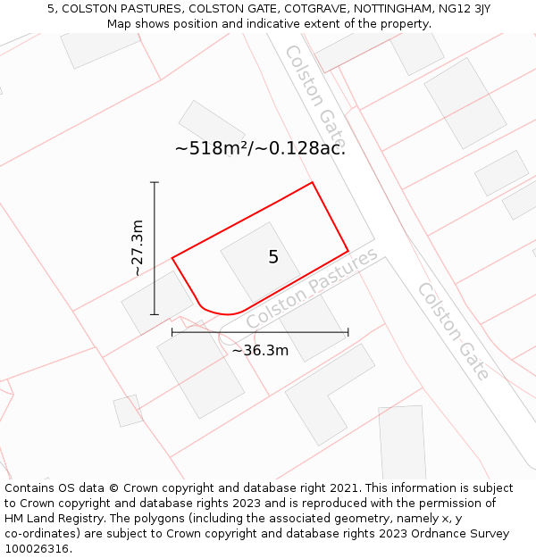 5, COLSTON PASTURES, COLSTON GATE, COTGRAVE, NOTTINGHAM, NG12 3JY: Plot and title map