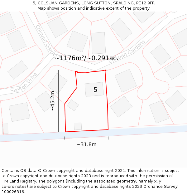 5, COLSUAN GARDENS, LONG SUTTON, SPALDING, PE12 9FR: Plot and title map