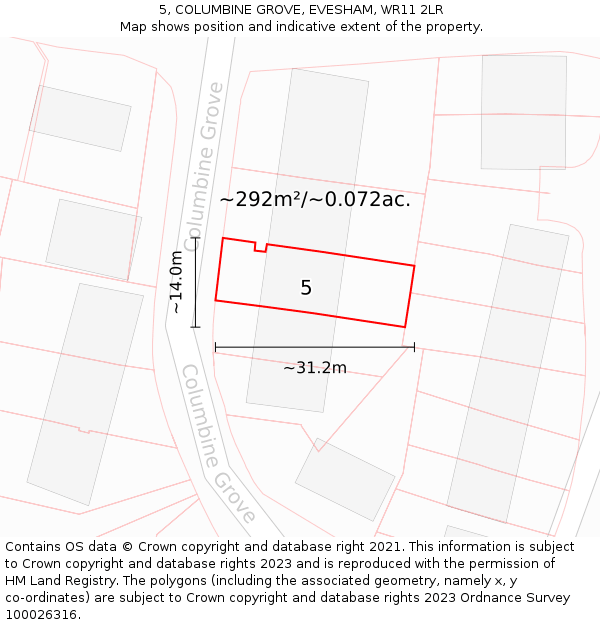 5, COLUMBINE GROVE, EVESHAM, WR11 2LR: Plot and title map