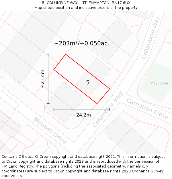 5, COLUMBINE WAY, LITTLEHAMPTON, BN17 6UX: Plot and title map