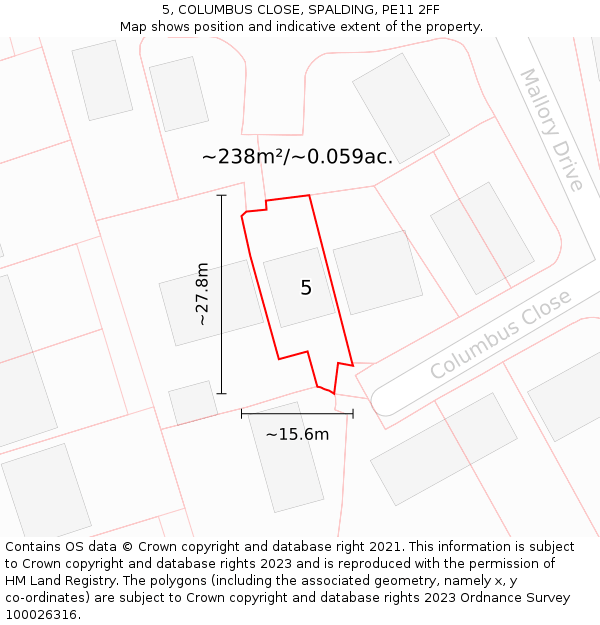 5, COLUMBUS CLOSE, SPALDING, PE11 2FF: Plot and title map