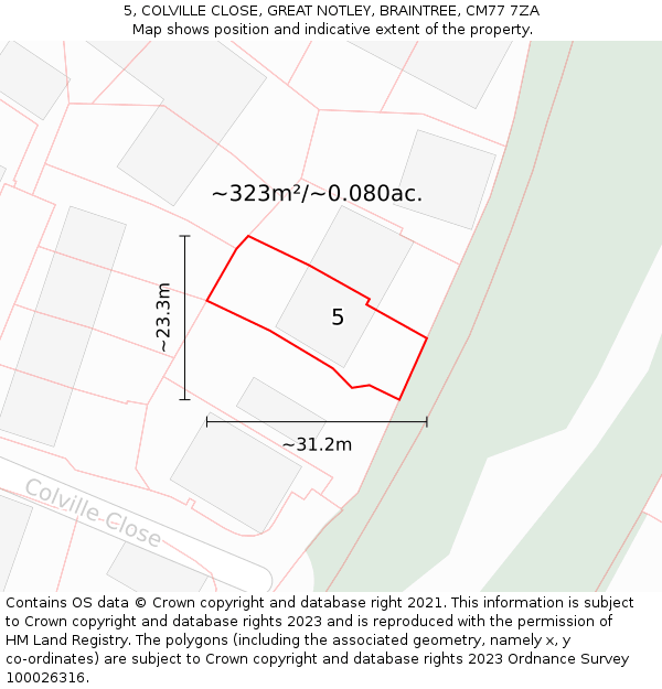 5, COLVILLE CLOSE, GREAT NOTLEY, BRAINTREE, CM77 7ZA: Plot and title map