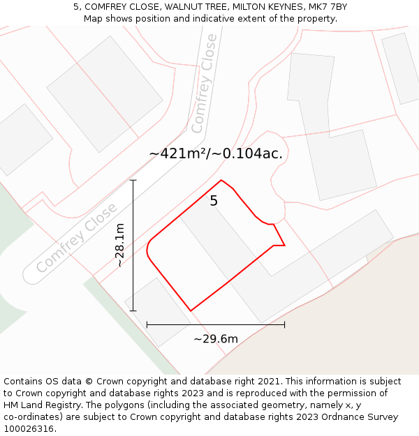 5, COMFREY CLOSE, WALNUT TREE, MILTON KEYNES, MK7 7BY: Plot and title map