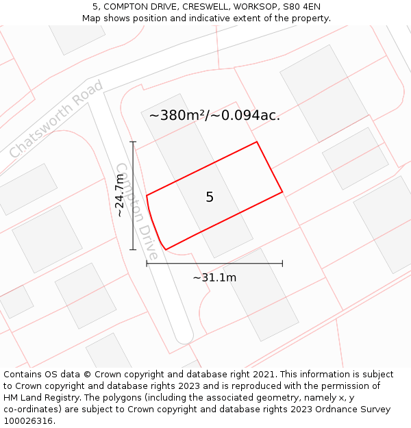 5, COMPTON DRIVE, CRESWELL, WORKSOP, S80 4EN: Plot and title map