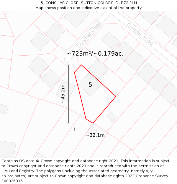 5, CONCHAR CLOSE, SUTTON COLDFIELD, B72 1LN: Plot and title map