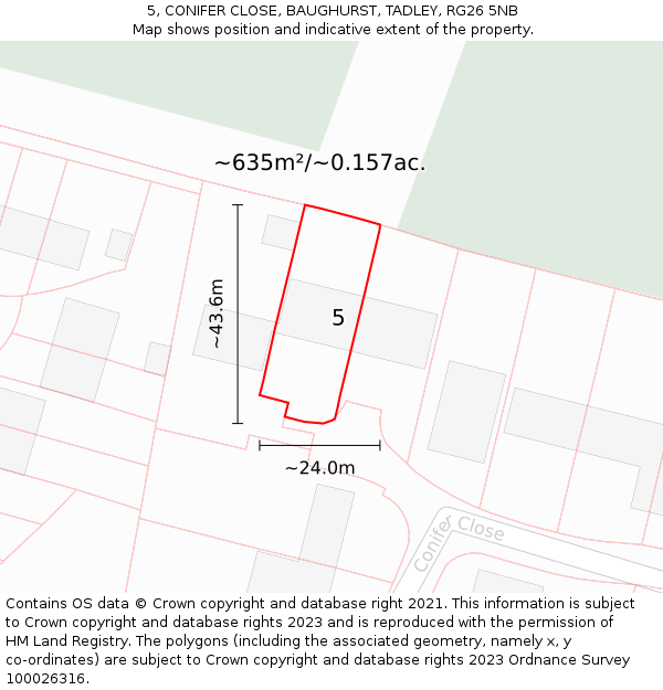 5, CONIFER CLOSE, BAUGHURST, TADLEY, RG26 5NB: Plot and title map
