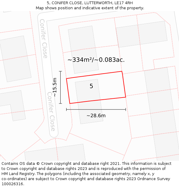 5, CONIFER CLOSE, LUTTERWORTH, LE17 4RH: Plot and title map