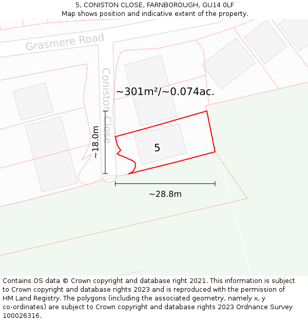 5, CONISTON CLOSE, FARNBOROUGH, GU14 0LF: Plot and title map