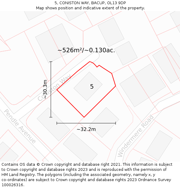 5, CONISTON WAY, BACUP, OL13 9DP: Plot and title map