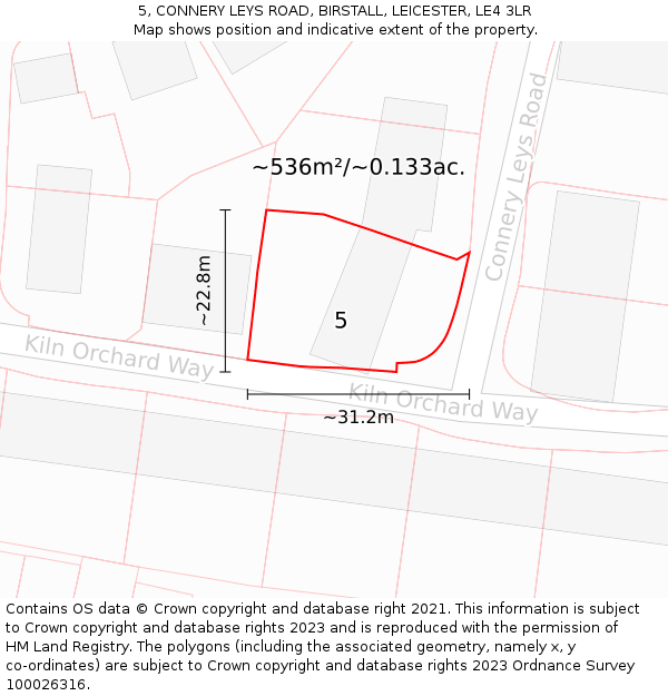 5, CONNERY LEYS ROAD, BIRSTALL, LEICESTER, LE4 3LR: Plot and title map