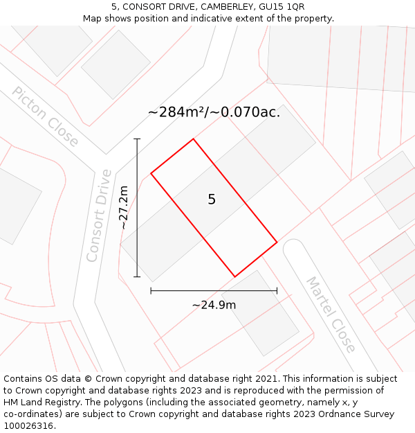 5, CONSORT DRIVE, CAMBERLEY, GU15 1QR: Plot and title map