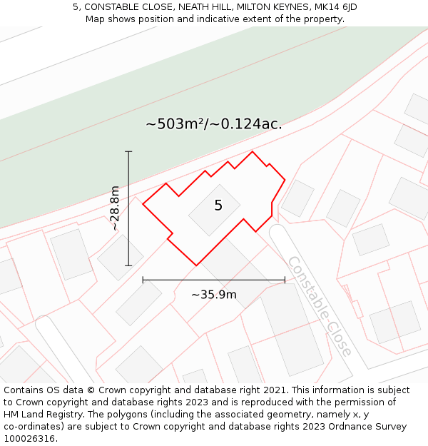 5, CONSTABLE CLOSE, NEATH HILL, MILTON KEYNES, MK14 6JD: Plot and title map