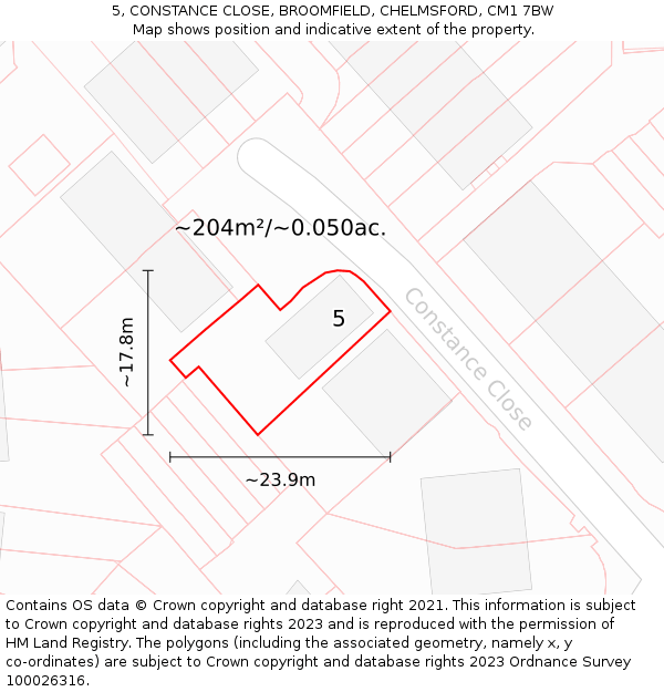 5, CONSTANCE CLOSE, BROOMFIELD, CHELMSFORD, CM1 7BW: Plot and title map