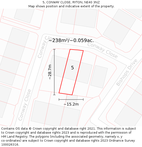 5, CONWAY CLOSE, RYTON, NE40 3NZ: Plot and title map