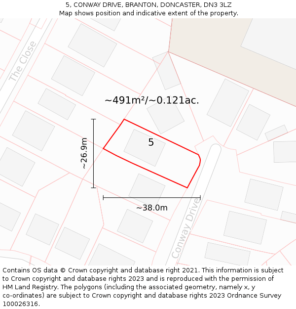 5, CONWAY DRIVE, BRANTON, DONCASTER, DN3 3LZ: Plot and title map