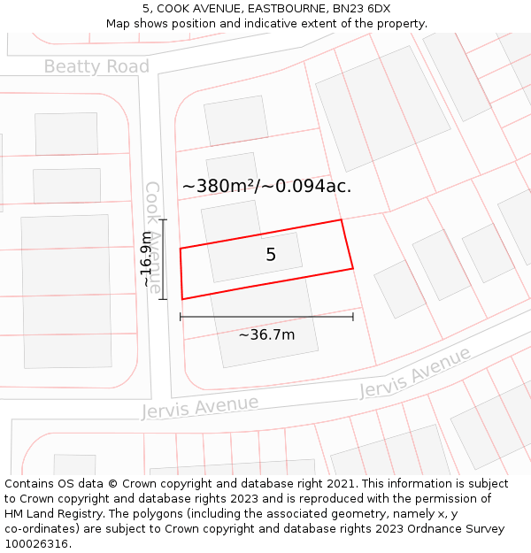 5, COOK AVENUE, EASTBOURNE, BN23 6DX: Plot and title map