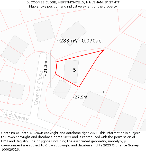 5, COOMBE CLOSE, HERSTMONCEUX, HAILSHAM, BN27 4TT: Plot and title map