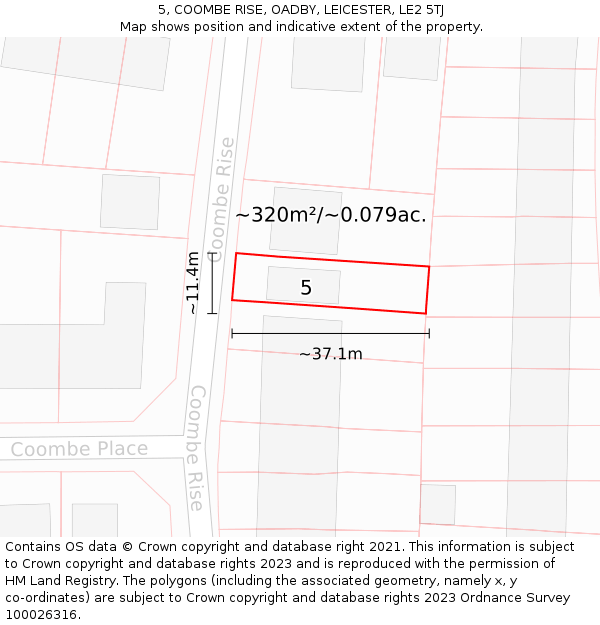5, COOMBE RISE, OADBY, LEICESTER, LE2 5TJ: Plot and title map