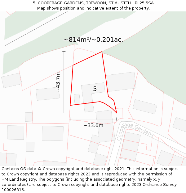 5, COOPERAGE GARDENS, TREWOON, ST AUSTELL, PL25 5SA: Plot and title map