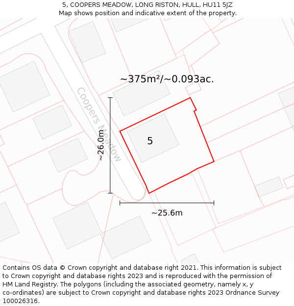 5, COOPERS MEADOW, LONG RISTON, HULL, HU11 5JZ: Plot and title map