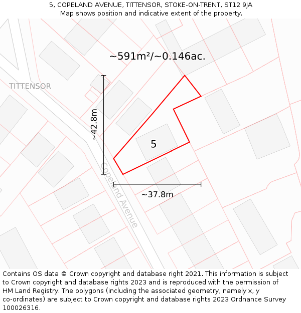 5, COPELAND AVENUE, TITTENSOR, STOKE-ON-TRENT, ST12 9JA: Plot and title map
