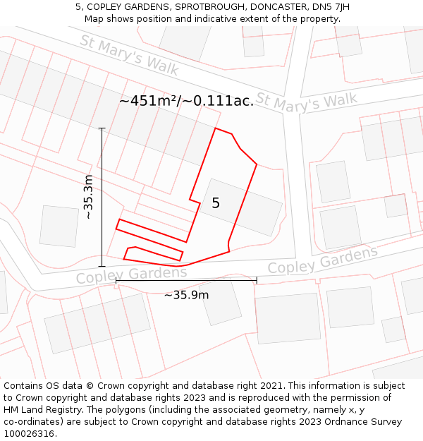 5, COPLEY GARDENS, SPROTBROUGH, DONCASTER, DN5 7JH: Plot and title map
