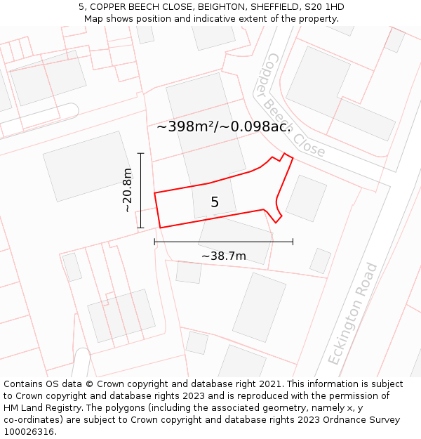 5, COPPER BEECH CLOSE, BEIGHTON, SHEFFIELD, S20 1HD: Plot and title map