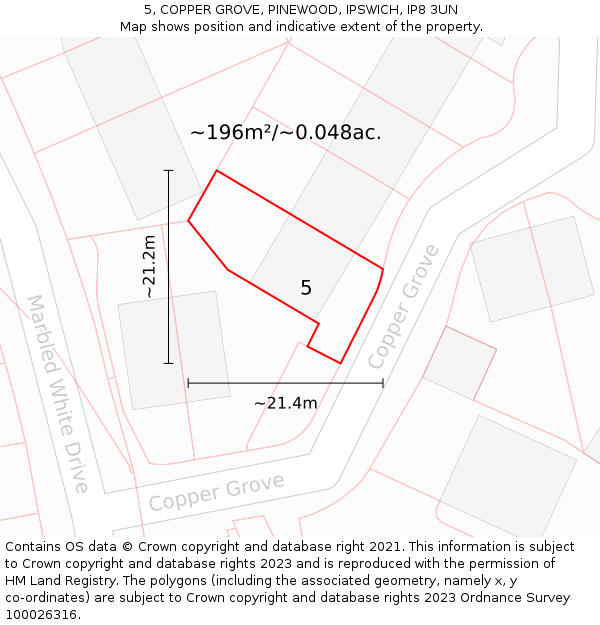5, COPPER GROVE, PINEWOOD, IPSWICH, IP8 3UN: Plot and title map