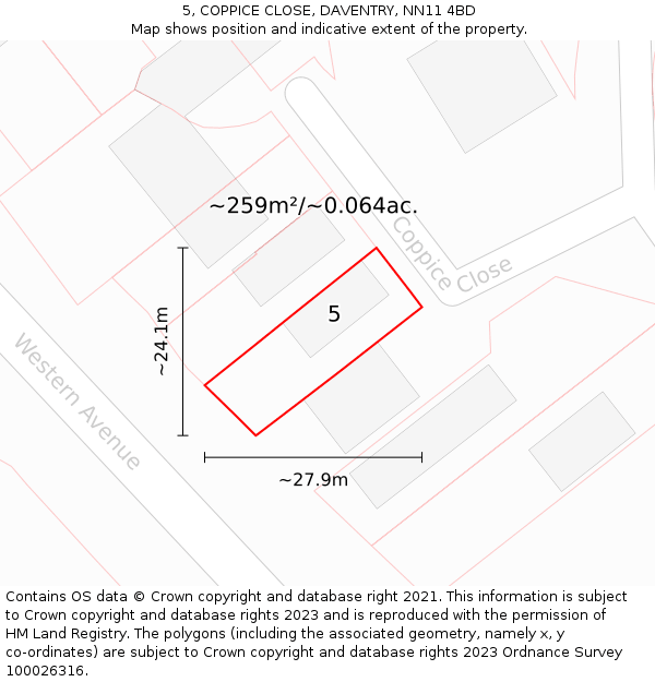 5, COPPICE CLOSE, DAVENTRY, NN11 4BD: Plot and title map