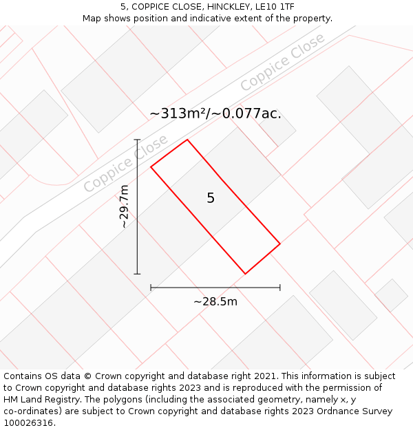 5, COPPICE CLOSE, HINCKLEY, LE10 1TF: Plot and title map