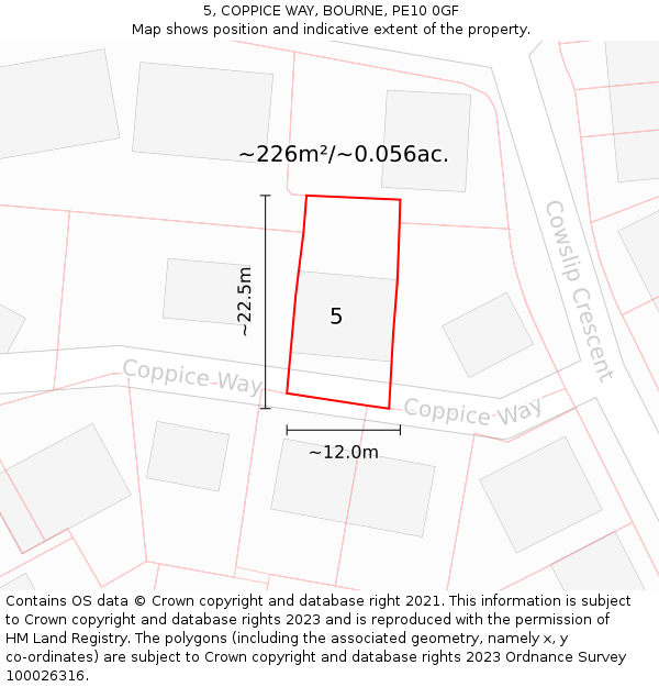 5, COPPICE WAY, BOURNE, PE10 0GF: Plot and title map