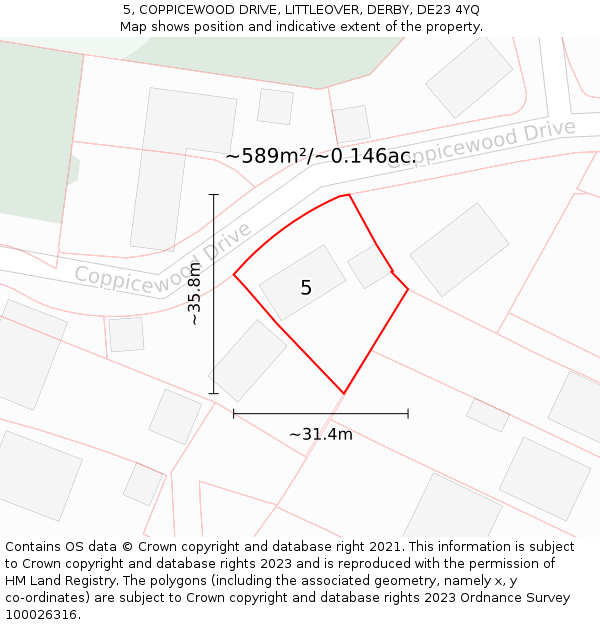 5, COPPICEWOOD DRIVE, LITTLEOVER, DERBY, DE23 4YQ: Plot and title map