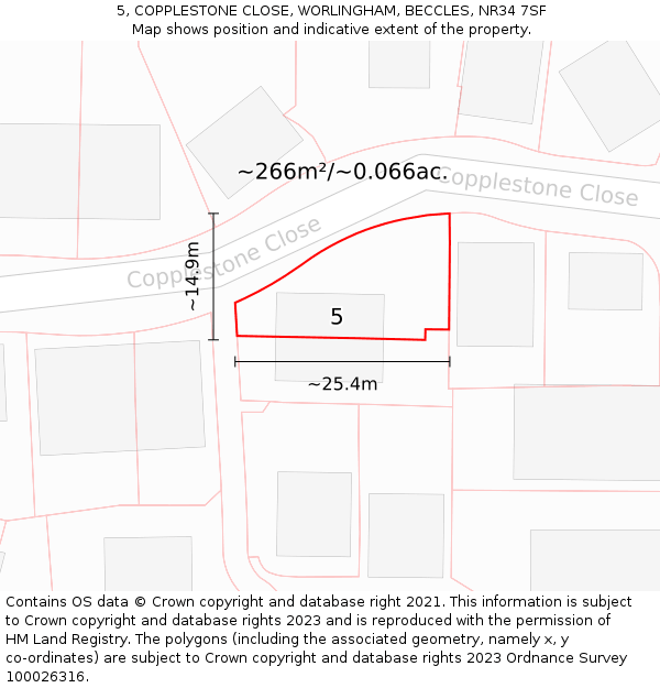 5, COPPLESTONE CLOSE, WORLINGHAM, BECCLES, NR34 7SF: Plot and title map