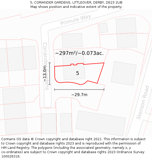 5, CORIANDER GARDENS, LITTLEOVER, DERBY, DE23 2UB: Plot and title map