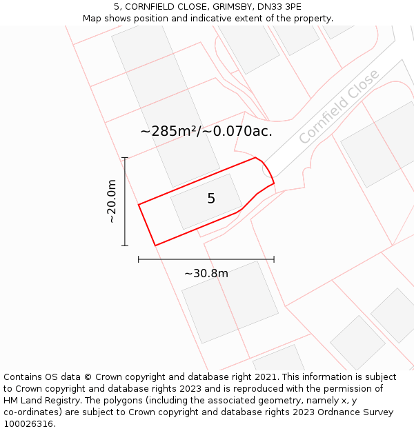 5, CORNFIELD CLOSE, GRIMSBY, DN33 3PE: Plot and title map