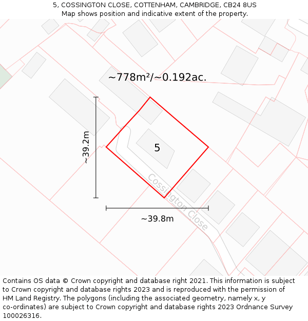 5, COSSINGTON CLOSE, COTTENHAM, CAMBRIDGE, CB24 8US: Plot and title map